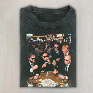 Las Vegas Casino Night World Leaders Parody T-Shirt, Funny Political Meme Poker Table Graphic Tee, Viral Pop Culture Humor, Unisex Cotton Crewneck Streetwear