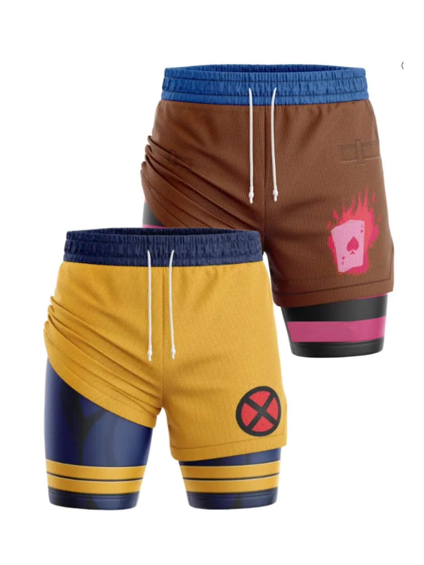 2 PCS Short Performance Mains Print Performance Shorts Summer Double Layer Beach Pants Fitness Training Pant Sports Men's 2in 1 Compression And Active Drawstring Shorts for Outdoor