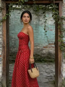 French Style Vacation Long Dress, Strapless Sleeveless Bustier Polka Dot Dress, Elegant Summer Evening Wear, Chic Midi Skirt Women