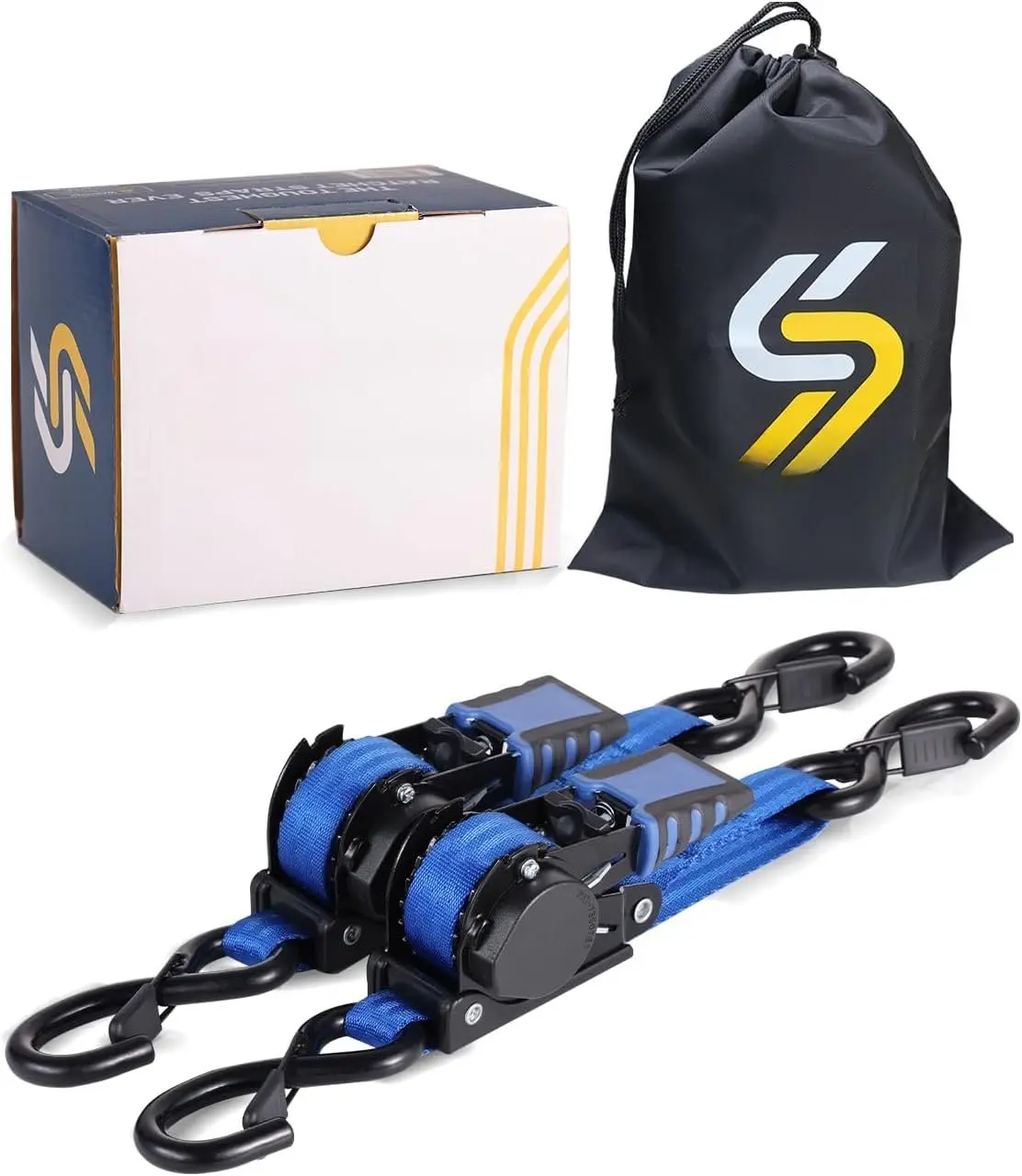 Auto Rewind Retractable Ratchet Strap Set - 1in x 4ft Blue Heavy Duty Boat Transom Tie Down, 2 Count, 2400lbs Breaking Strength, 800lbs/363kg Capacity, S Hooks with Safety Clips, for Boat, PWCs, Less Effort