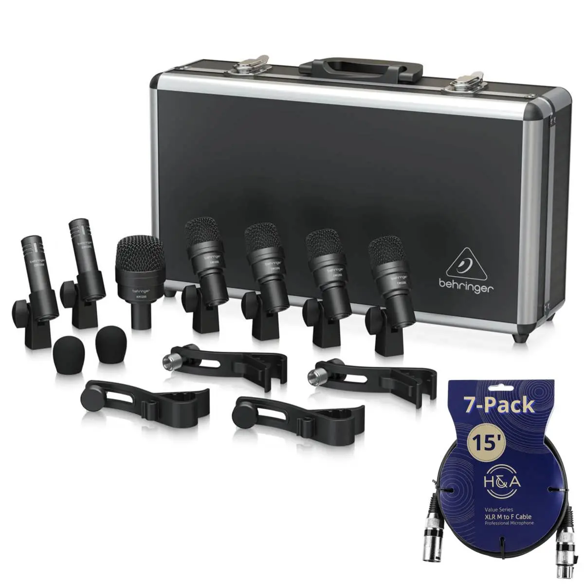 Behringer BC1200 Professional 7-Piece Drum Microphone Set - Durable, with Mount & Port, for Studio, Live & Recording Applications, Bundled with 7-Pack XLR Cables
