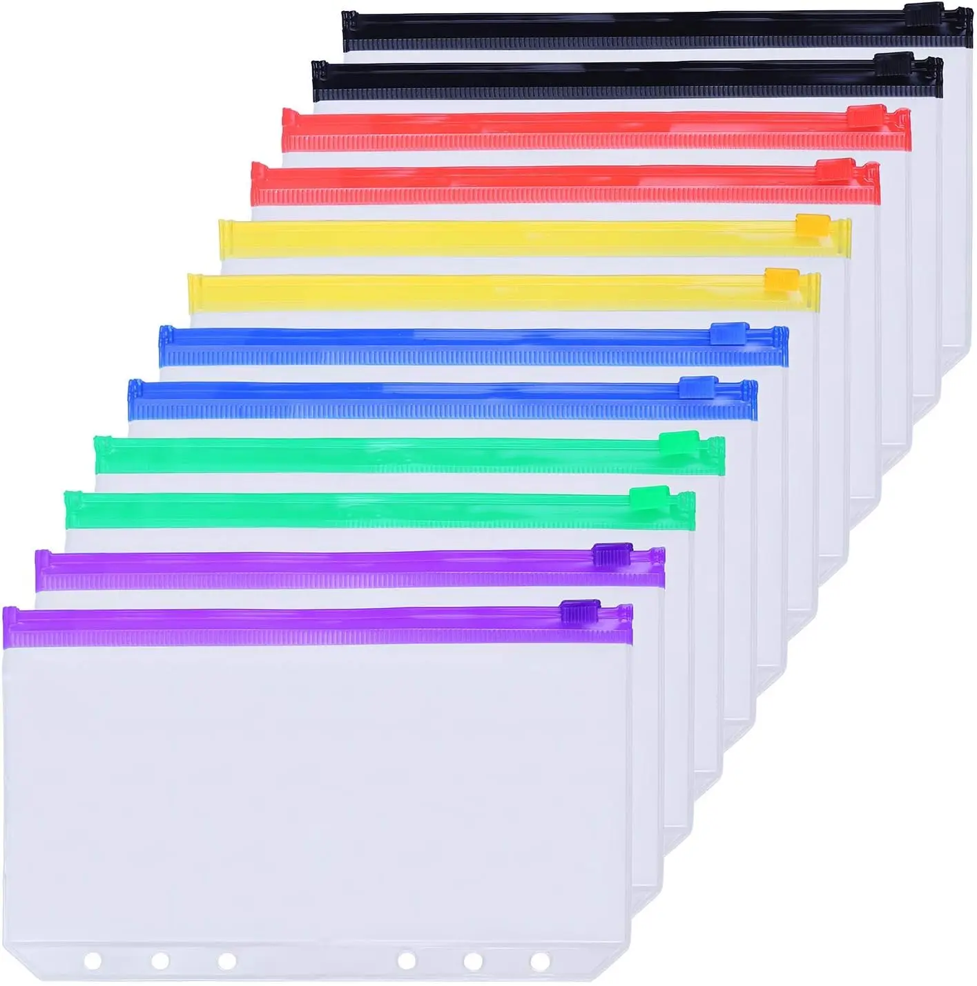 12PCS A6 6-Hole Translucent Waterproof Acid-Free PVC Binder Pockets, Lightweight Portable Loose Leaf Organizers with Multicolor Zips Straight Tabs for A6 Planners, Travel, Office, Home, Stores Cash Coupons Bills Cards Vouchers, Keeps Documents Secure