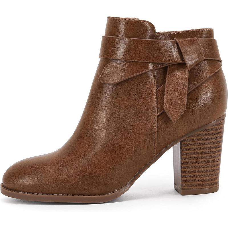 Coutgo Womens Tie Knot Chelsea Pump Ankle Boots Closed Toe Stacked Heel Booties Shoes