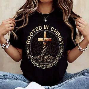 Rooted In Christ Cross With Roots Design T Shirt Crew Neck Casual Wear For Everyday And Outdoor Activities