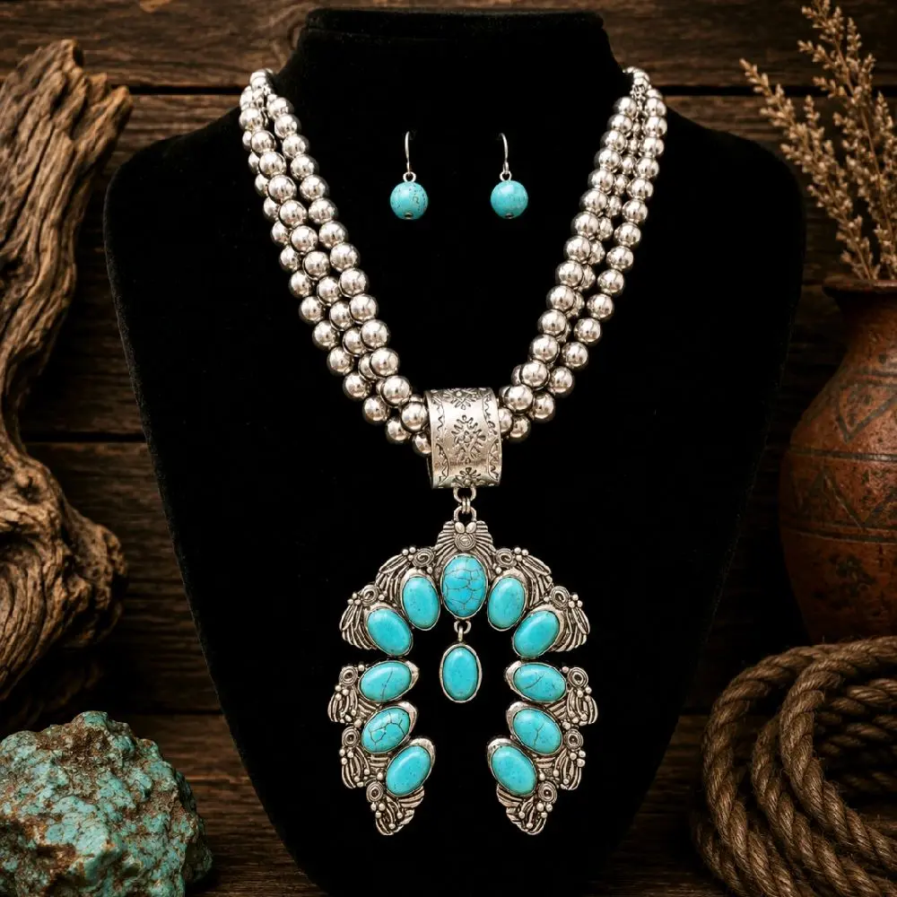 Women's Large Squash Blossom Pendant, Chunky 2-Piece, Necklace and Earrings Set