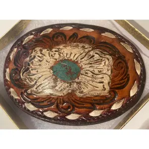 Vintage Metal Belt Buckle, Leather, Stitched, Hand Tooled, Tony Lama, Nice Western Design,  3 1/2" x 2 1/2", Quality, Made in USA, Country and Western, Heavy Duty, Fashion, Belts, Shelf Display, Collectible Belt Buckle,