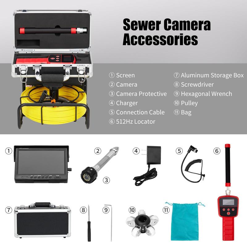Garvee Sewer Camera with 512Hz Locator & Distance Meter – 100Ft Pipe Inspection Camera with 9” 1080p Monitor, IP68 Waterproof Borescope Snake, 12 LED, DVR Recording & 16GB SD Card for Drain, Plumbing, Ducts