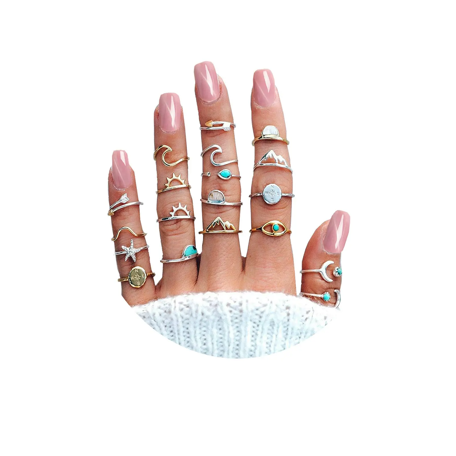 19pcs Boho Turquoise Knuckle Stacking Rings For Women Vintage Stackable Star Moon Wave Sea Rhinestone Joint Midi Finger Set