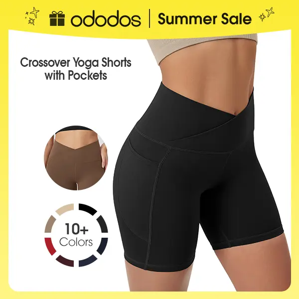 ODODOS Cloud Feeling Cross Waist Yoga Shorts with Pockets for Women, 6" Crossover High Waist Lounge Biker Shorts summerwins,travel essentials,camping essentials
