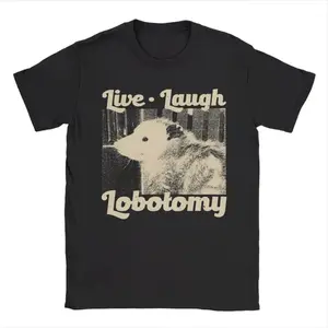 Men's Short-Sleeve Round Neck T-Shirt - Casual Streetwear Clothes, Live Laugh Lobotomy Opossum Meme Bold Slogan Viral Dark Comedy Tee with Plants, Shortsleeve