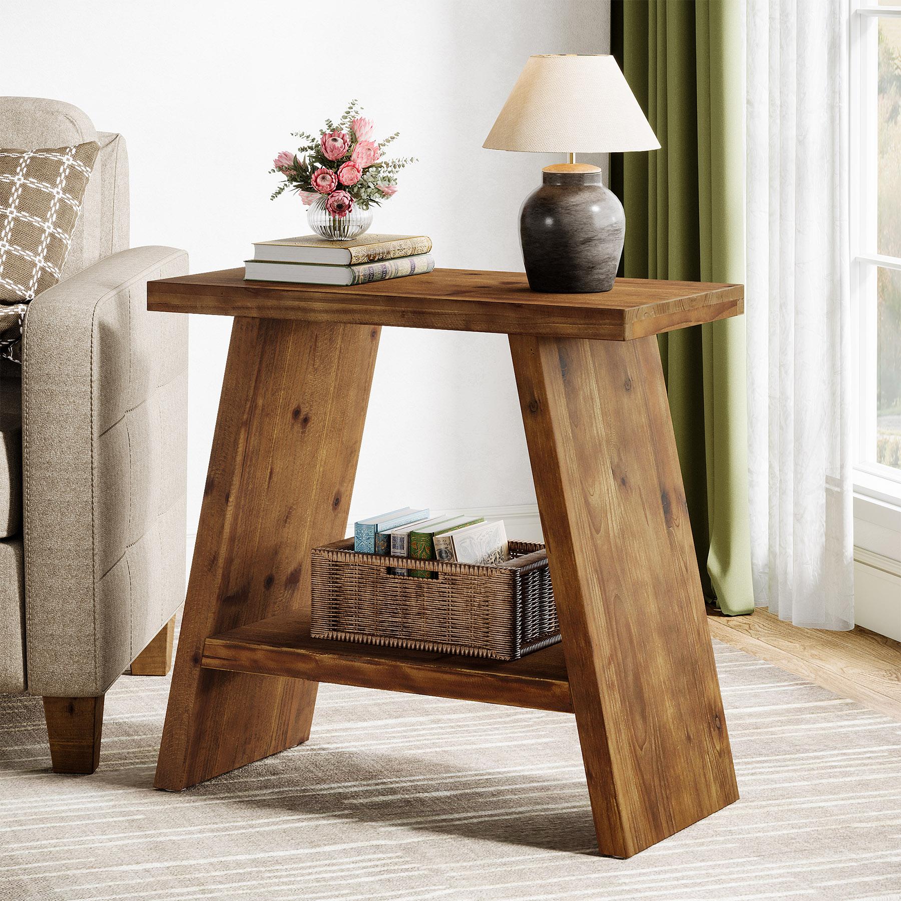 LITTLE TREE Solid Wood End Table for Living Room, Narrow Small Side Table with 2-Tier Storage, Farmhouse Bedside Nightstand for Bedroom, Small Places