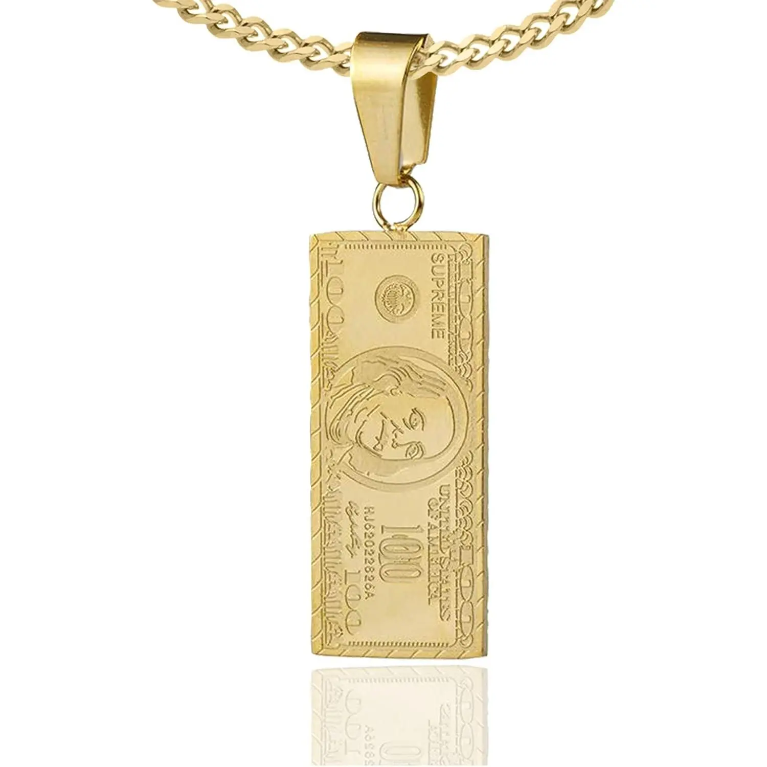 Hip Hop Stainless Steel Dollar Bill Tag Pendant Necklace