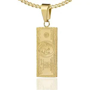 Hip Hop Stainless Steel Dollar Bill Tag Pendant Necklace