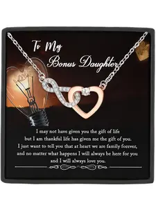 To My Beautiful Bonus Daughter Infinite Heart Pendant Necklace with Blessing Card, Perfect Gift Packaging, Love Heart Necklace