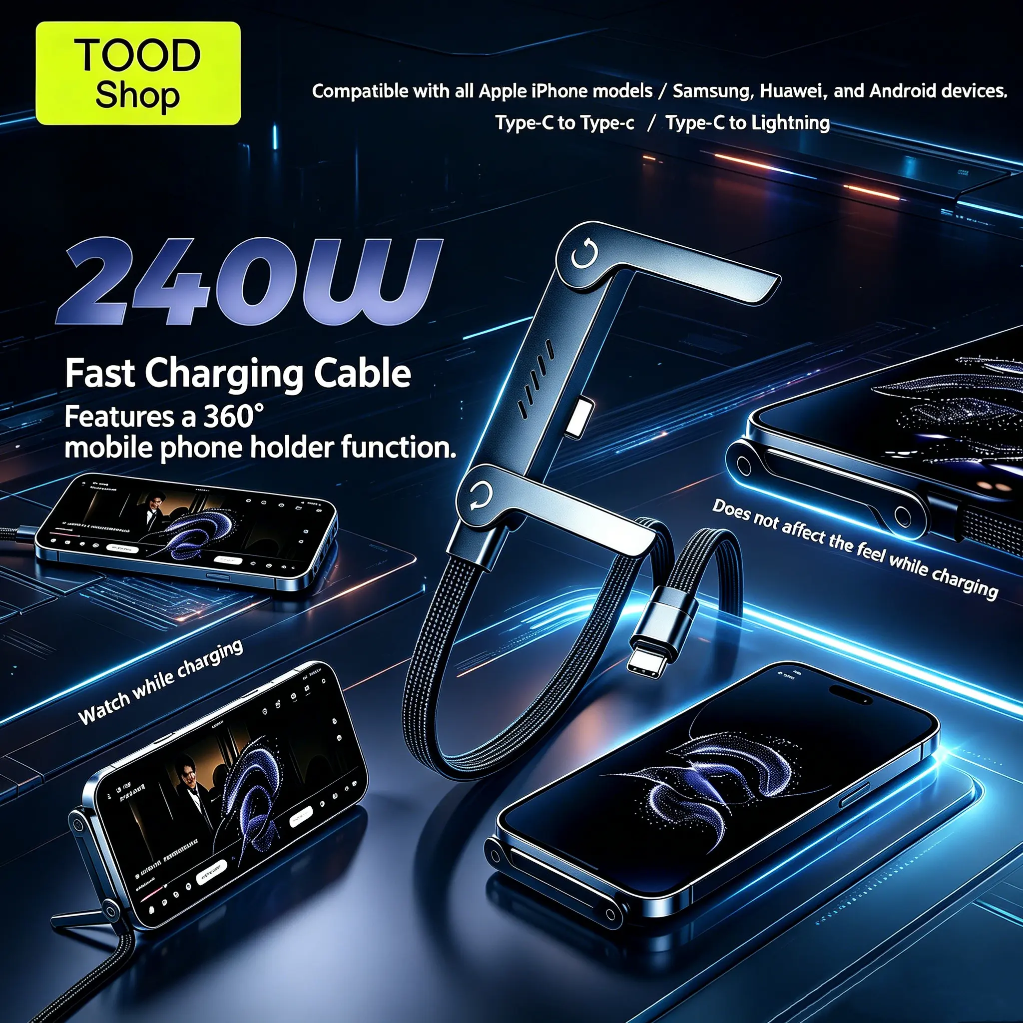 240W Super Fast Charging Cable - 1.5m Rapid Phone Charger Cable with Built-in Invisible Holder, 2 Connector Options, Compatible with All Apple and Samsung Phone Models, Yes