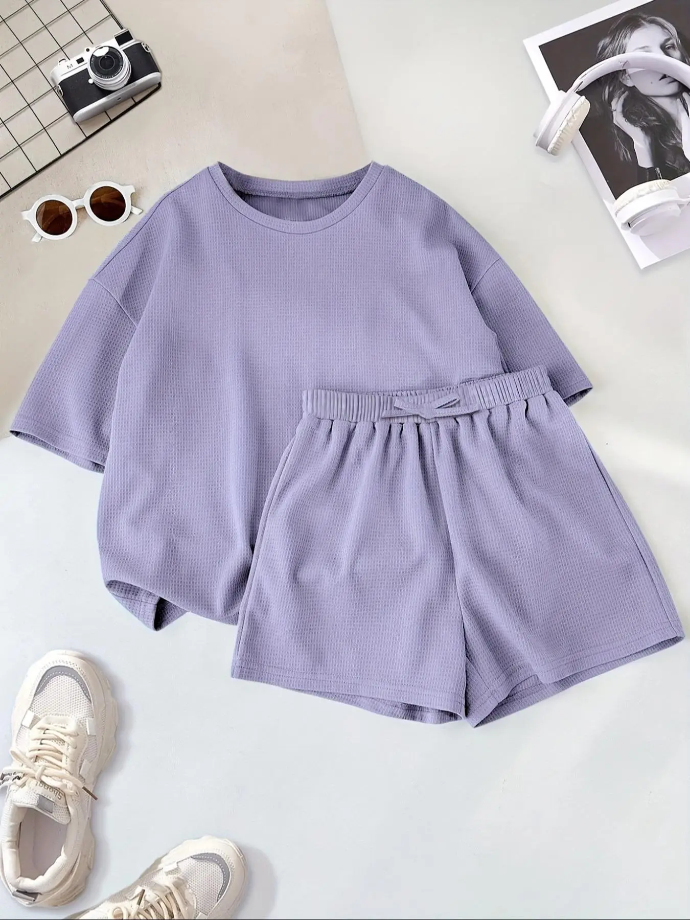Two-Piece Set Girl's Solid Color Tee & Elastic Waist Shorts Set, Casual Short Sleeve T-shirt & Shorts, Summer Outfits for Kids