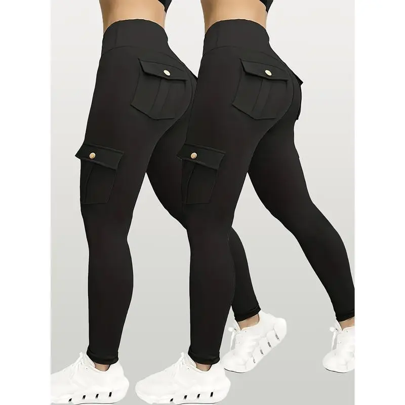 [2pcs Plus Size Cargo Pants] 2pcs High-Waisted Plus Size Cargo Pants |           Stylish & Comfortable Yoga Fitness Leggings with Button Pockets |           Black & Navy Blue,    Blend for Outdoor & Activewear