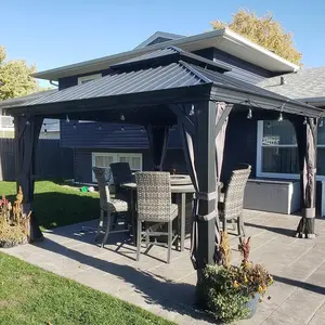Domi 10'x12' Hardtop Gazebo Canopy,Outdoor Aluminum Gazebo with Galvanized Steel Double Roof,Permanent Gazebo with Drainage System,Curtain and Netting Included