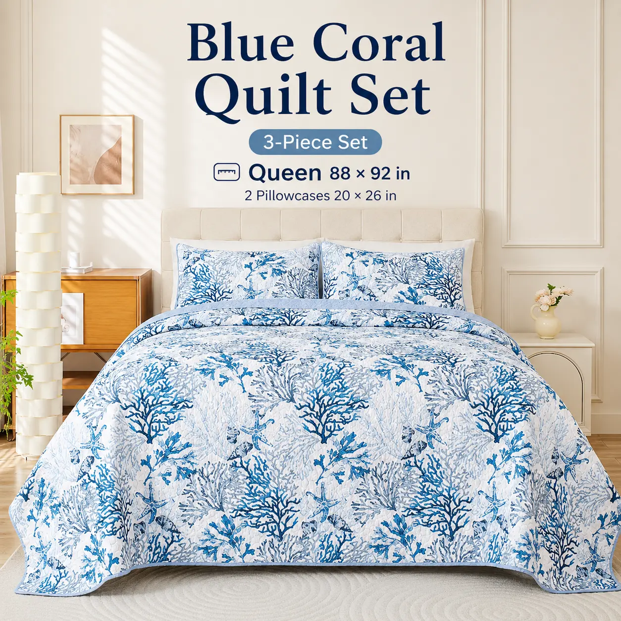 Blue Coral Quilt Set Queen Size 3-Piece Coastal Bedding Set with 1 Quilt 88 x 92 in & 2 Pillow Shams 20 x 26 in 100% Polyester Blue and White Ocean Bedspread