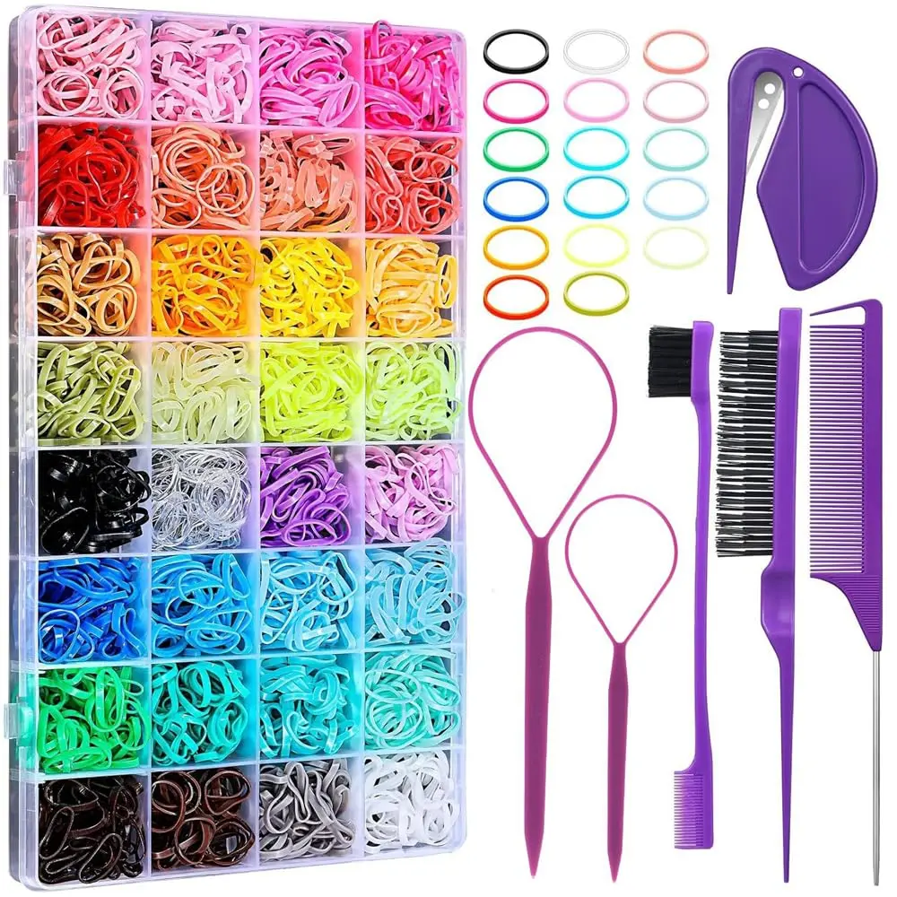 Girls' Non-Slip Mini Elastic Hair Ties Set - 2000 Pcs Rubber Bands with 6 Packs Styling Tools (Comb, Elastic Cutter) - Purple