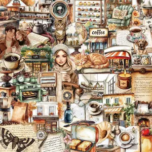 Coffee Themed Sticker, 50pcs/set Watercolor Coffee Pattern Decorative Sticker, DIY Decals for Water Bottle, Laptop, Cellphone, Phone Case, Scrapbooking, Journal Making, Screen Protector