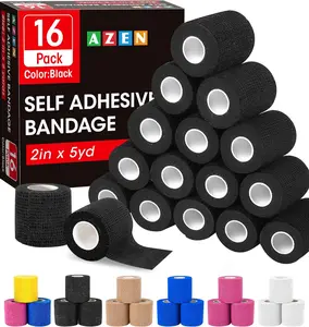 AZEN 16 Pack Self Adhesive Bandage Wrap Black, 2" X 5" Yards Black Athletic Tape, Vet Wrap, Tattoo Grip Tape Wrap，Ankle Tape, Cohesive Bandage Wrap