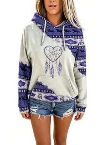 Women's Ethnic Tribal Aztec Hoodie – Horse & Heart Dreamcatcher Print, Navajo Geometric Pattern Color Block Long Sleeve Hooded Sweatshirt with Drawstring, Pocket, Boho Western Vintage Casual Pullover Top ﻿