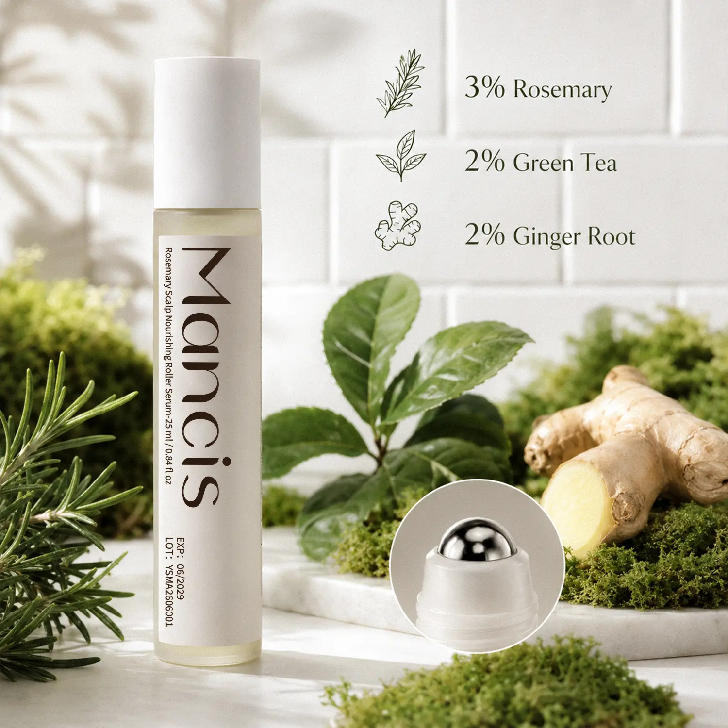 Mancis Rosemary Hair Growth Serum with Alloy Rollerball | Mess-Free Scalp Massager & Hair Density Therapy with Ginger & Aloe Vera (25ml)