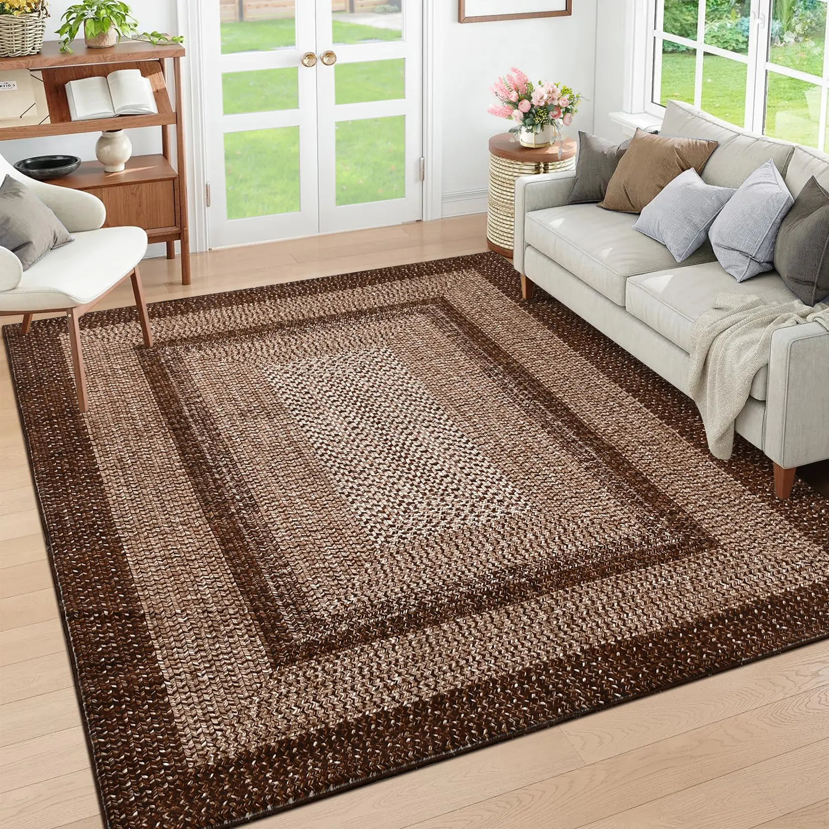 Washable Geometric Living Room Rugs, Indoor Modern Area Rug for Bedroom Soft Non Slip Bordered Rug Stain Resistant Low Pile Area Rugs Extra Large Throw Carpet for Dining Room Kitchen Office