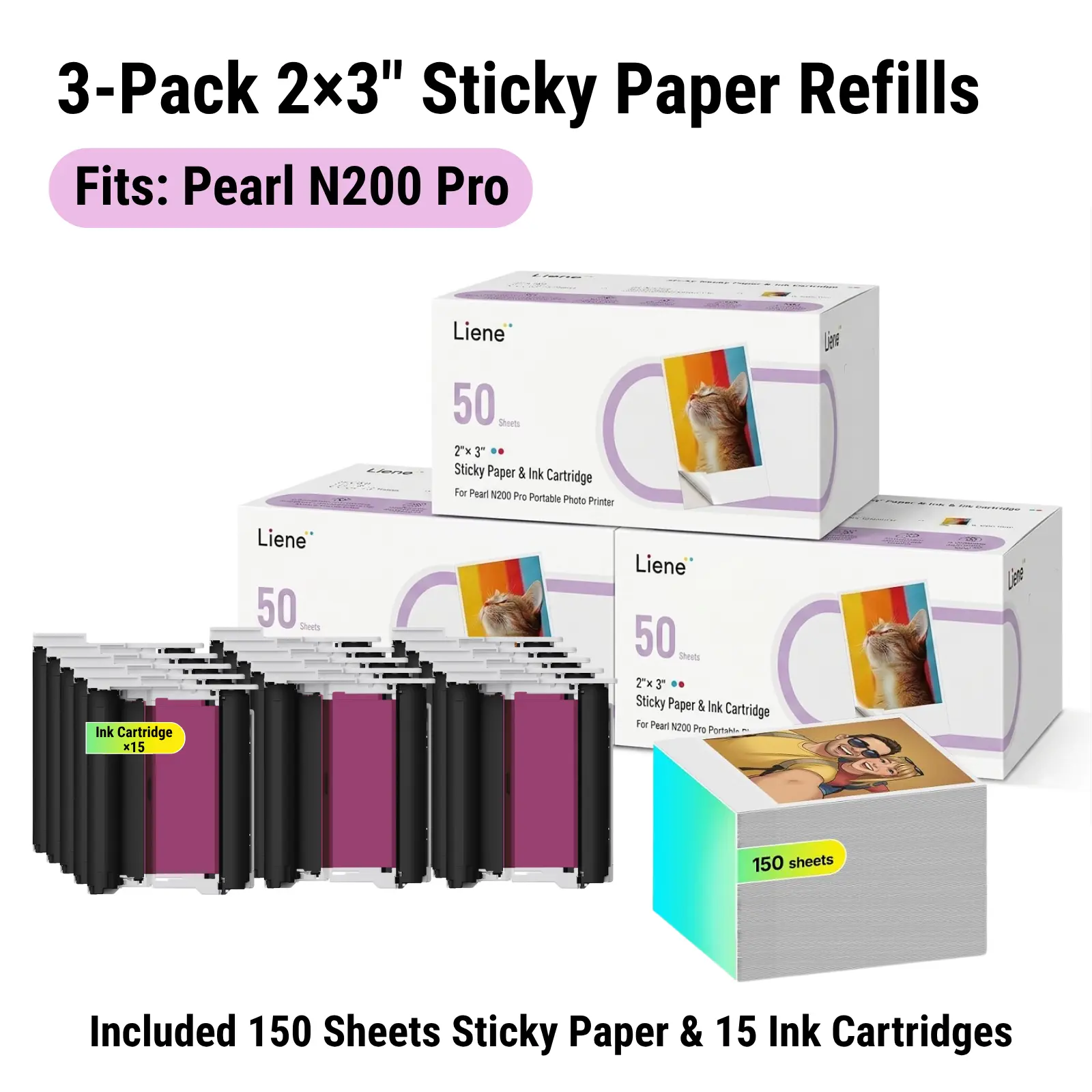 [Pearl N200 Pro 2×3" Photo Paper] Liene Pearl N200 Pro Portable Photo Printer Photo Paper 150 Sheets & 15 Cartridges 3-Pack (No Printer Included), Picture Printer Sticker Paper Adhesive, Waterproof, Back to School
