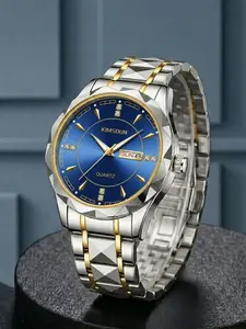 A men's two-tone watch strap with a blue dial, simple and stylish, featuring a calendar display, suitable for daily and business wear, versatile, delicate, and elegant, Exquisite Watch quartz watch