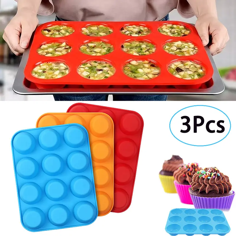 3 Pcs Silicone Muffin Pan Set - 12-Cup Food Grade Non-Stick Baking Molds, Non Toxic Bakeware, Nonstick Cupcake Pans, Baking Utensils Supplies for Egg Muffins, Mini Bread Loaf, Christmas Gift Ideas