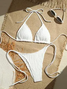 Summer New Special Fabric Bikini Set, Self Tie Bikini, Sexy Triangle Short Sleeveless Swimwear, Drop Waist Tie Side, Ruched Bikini Bottoms, Sweet and Cute, All Seasons