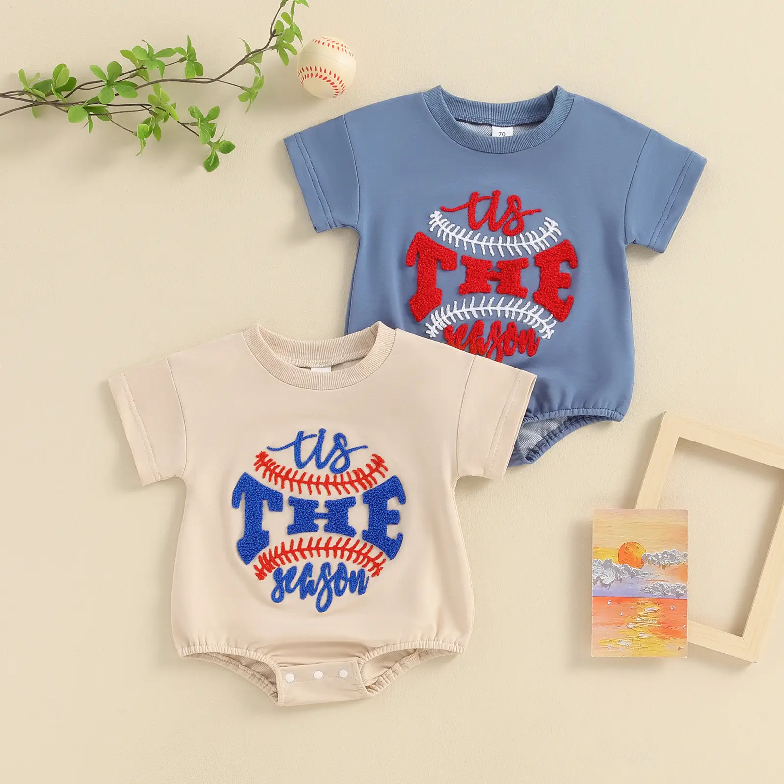 Newborn Baby Boy Girl Baseball Outfit Short Sleeve Play Ball Embroidery Bubble Romper Bodysuit Ball Game Clothes Infant Summer Clothing