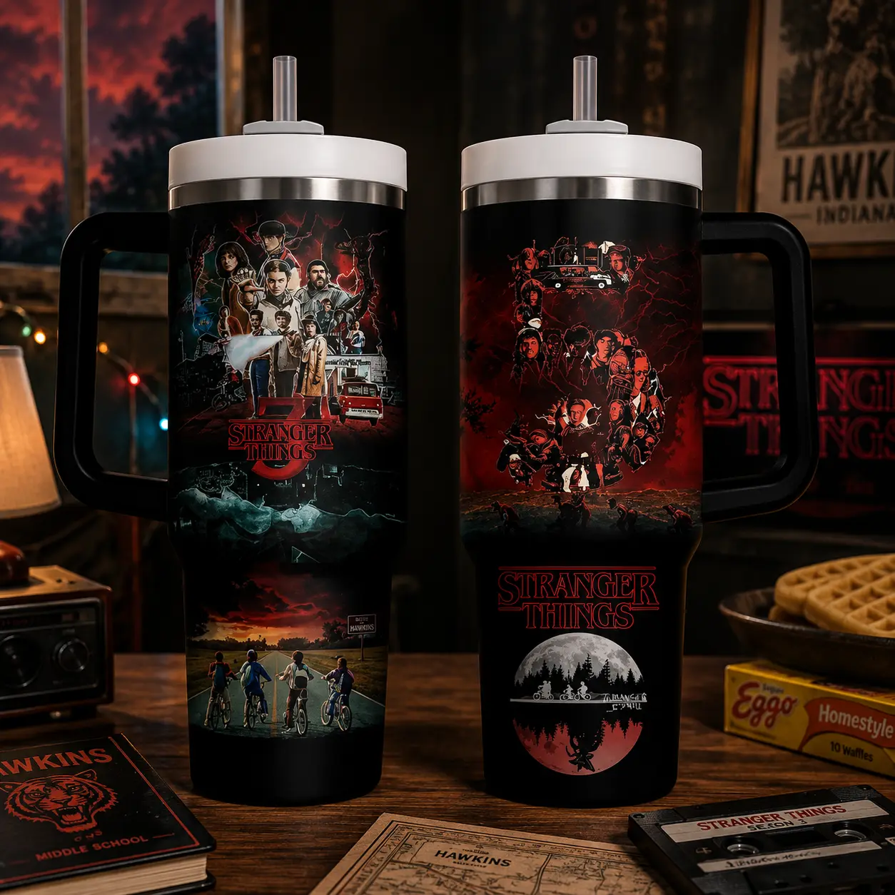 Stranger Things 40oz Tumbler With Handle & Straw, Hawkins Upside Down Graphic Cup, Stranger Things Character Collage Travel Mug, Retro Horror TV Series Inspired Insulated Water Tumbler, Fan Gift
