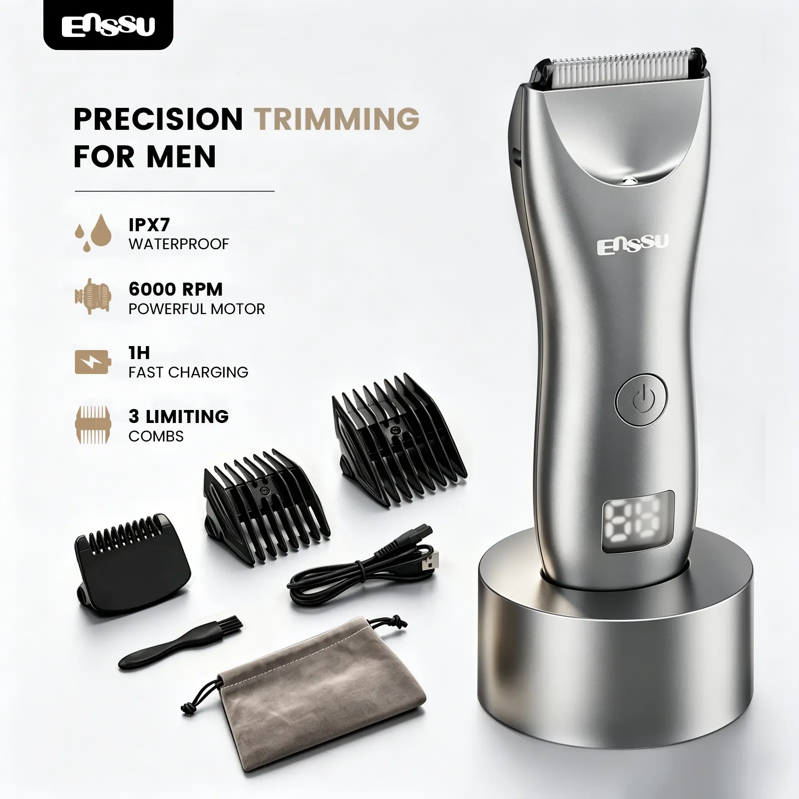Enssu Waterproof Body Groomer, Mens Pubic Hair Trimmer with Anti-Pinch Ceramic Blade, LED Power Display, USB Fast Charging Electric Shaver for All Body Areas