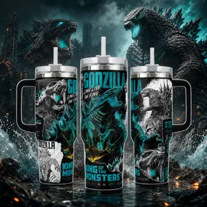 Godzilla King of the Monsters Kaiju Tumbler Cup, Blue Black Monster Full Wrap Stainless Steel Insulated Tumbler 20oz40oz With Straw Lid Included, 40oz Handle Option