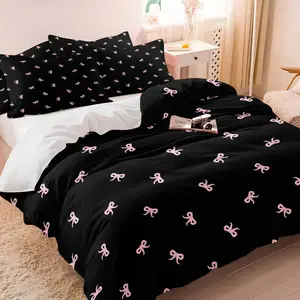 2/3 Pcs Black Base with Bowknot Print Duvet Cover Set,Includes 1 Count Duvet Cover & 1/2 Pillowcase without Filler,Simple bowknot design, soft and comfortable,perfect for home bedrooms and hotels,Multiple styles available.
