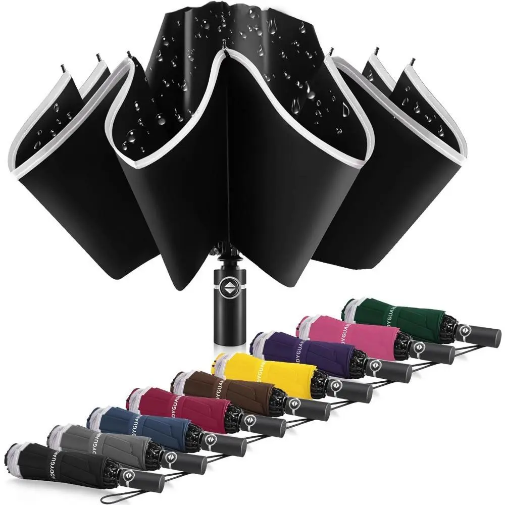 Adult Folding Automatic Inverted Umbrella, 12-Rib Windproof Frame, Waterproof Teflon Canopy with Reflective Stripe, Ideal for Travel, Perfect Gift for Men and Women, Cover, Stripes, Commute, 360° High Visibility, One-Handed Operation