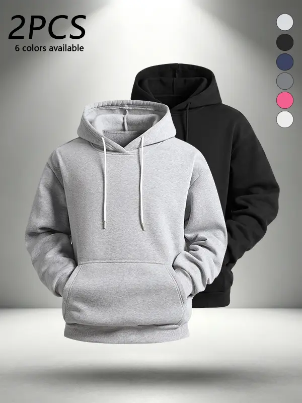 Men’s 2-pack solid-color loose-fit hoodies, casual drawstring design with kangaroo pocket, fashionable and versatile sweatshirt, soft and comfortable fabric