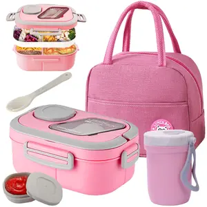 2 Layer Lunch Box Set, 1 Set Including 1 Count Lunch Case, Spoon, Soup Cup & Insulated Bag, Portable Bento Box for School Office Outdoor Picnic, Meal Prep Containers, Insulated Lunch Compartment