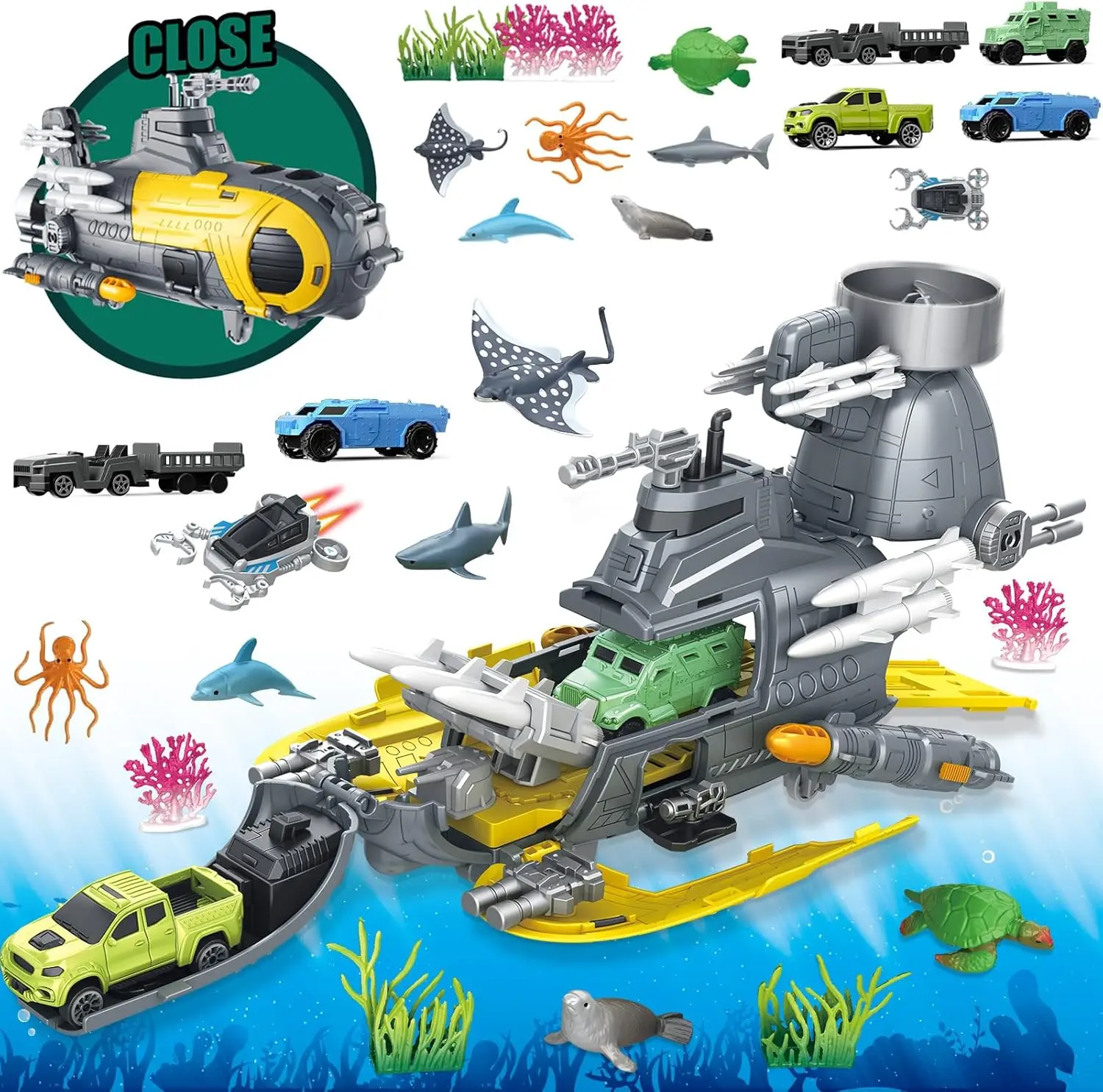 Submarine Toy, Ocean Animals Toys Deep Sea Creatures Toy with Truck Toys Military Cars, Gifts for 3 Plus Year Old Girls and Boys, Vehicle Toys Set for Kids