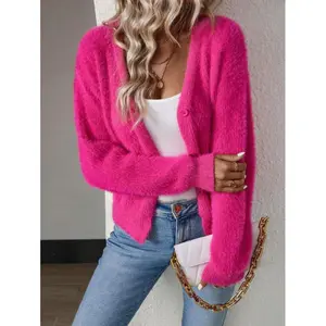 Women's Solid Color Drop Shoulder Long Sleeve Button Front Fluffy Knit Cardigan