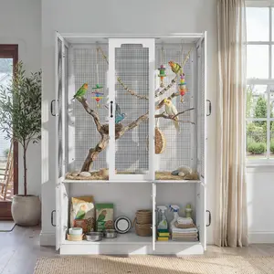 FUFU&GAGA Modern White Wooden Bird Cage with Multi-Door Design, Large Indoor Aviary with Ample Space and Storage for Medium to Large Birds