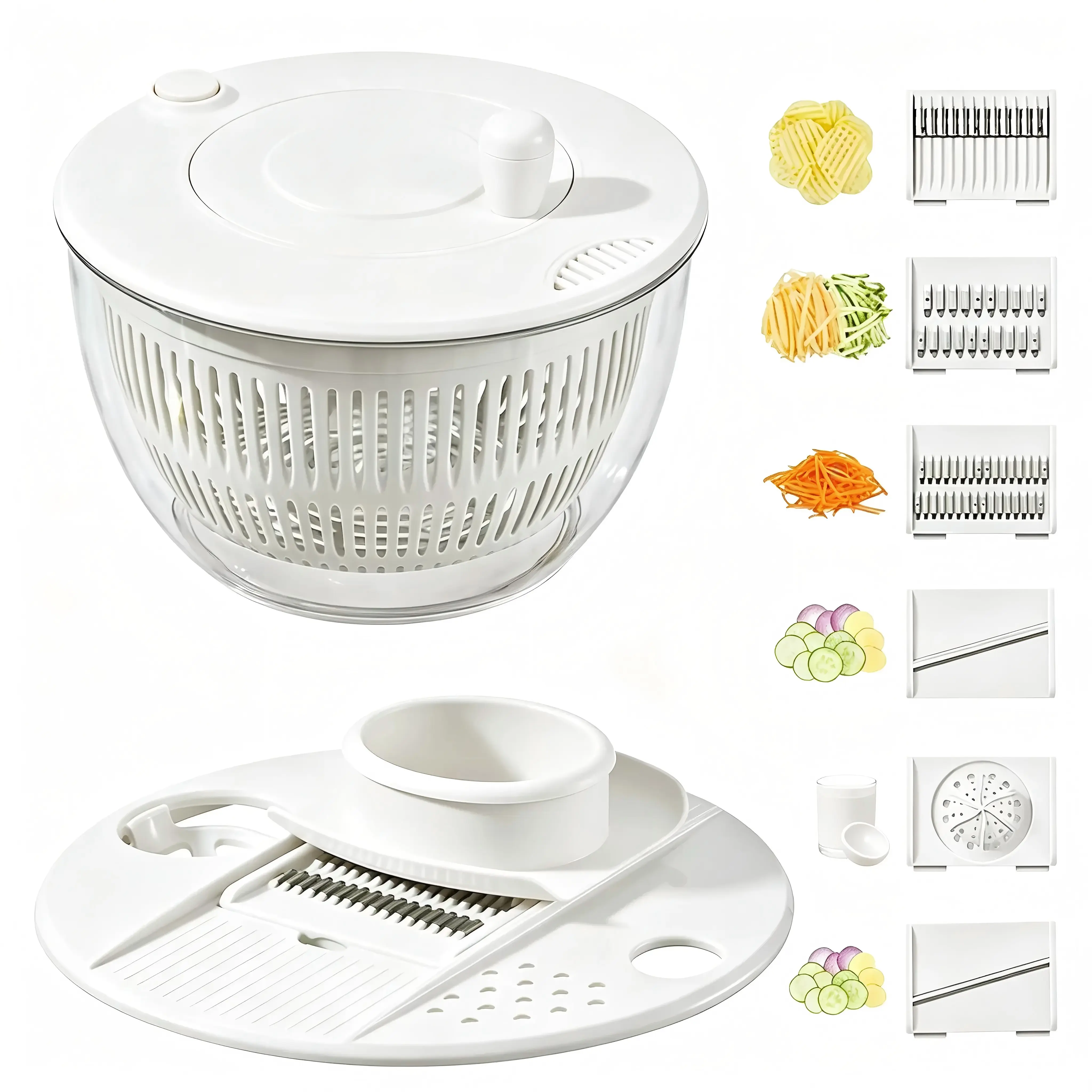 Salad Spinner Large, 3 IN 1 Vegetable and Fruit Washing Bowl with Strainer, Lettuce Spinner with 5 Blades Slicer, Egg Yolk Strainer, Salad Bowl for Efficient Salad Preparation, 5.3 Qt Kitchen Gadgets Set#SummerWins#DFYD