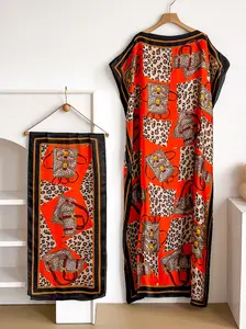 Elegant Casual Bohemian Leopard Print Robe Set, Multi-Color Shawl Dress + Long Headscarf Hairband, Women's Beach Sun Protection Satin Scarf, Womenswear, Lady Elegance