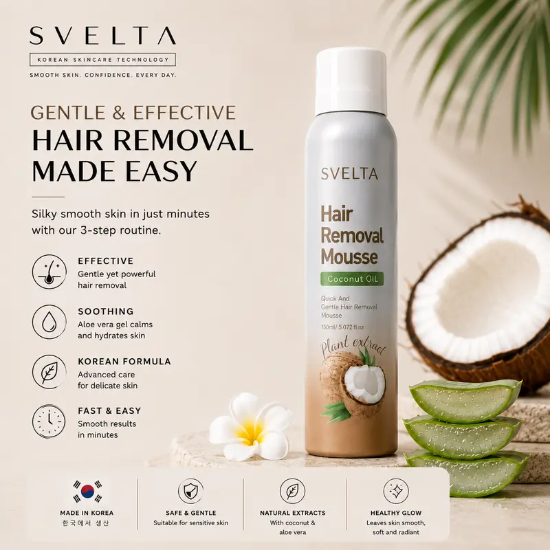 SVELTA hair removal mousse product overview with coconut and aloe styling