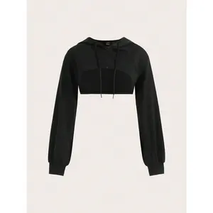 EZwear Drop Shoulder Zipper Up Super Crop Drawstring Hoodie Without Cami Top