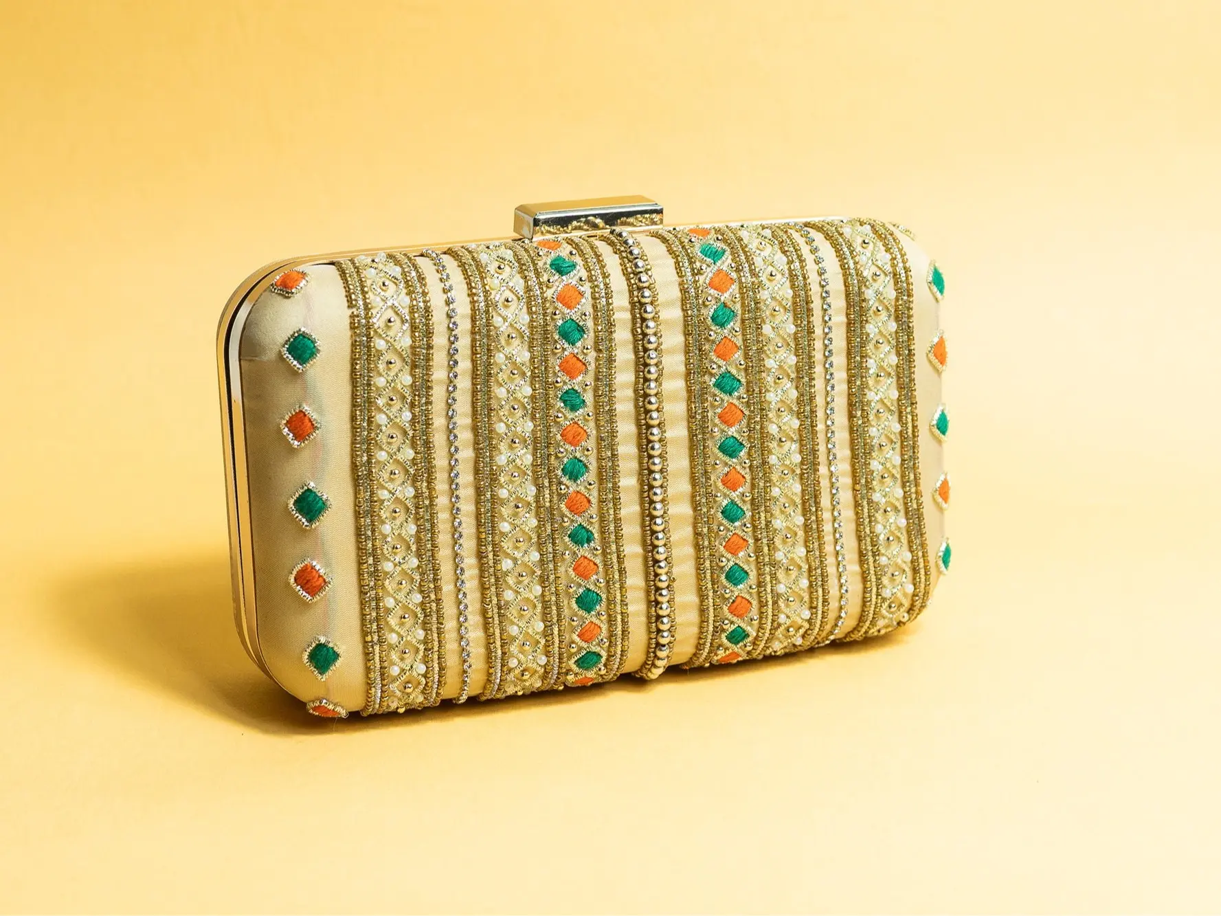 Handmade artisanal Yellow with gold silk clutch purse/bag, hand made embroidery clutch bag with detachable metal sling, perfect gift for her