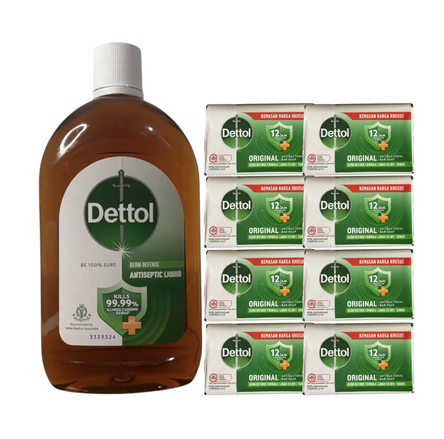 Dettol Germ Defense Liquid (1L) & 8-Pack Original Bar Soaps (100g Each) - Antibacterial Body Personal Care Cleansing Bundle
